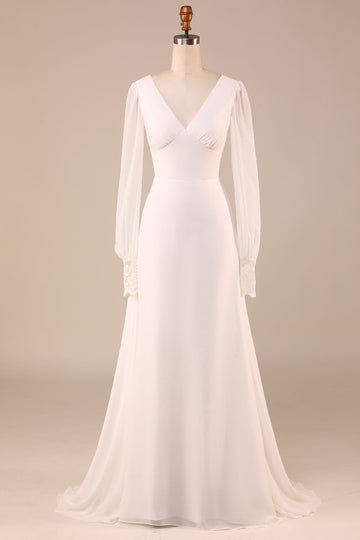 Elfenben lange ermer Boho Chiffon Open Back brudekjole